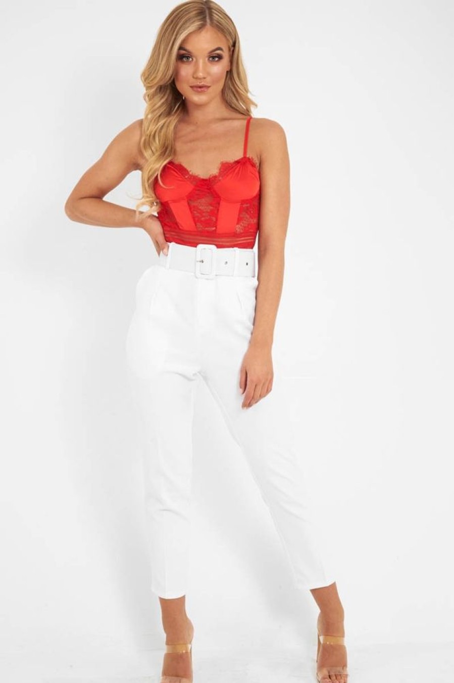 Clothing Rebellious Fashion | Red Scalloped Lace Satin Bodysuit - Jeriah