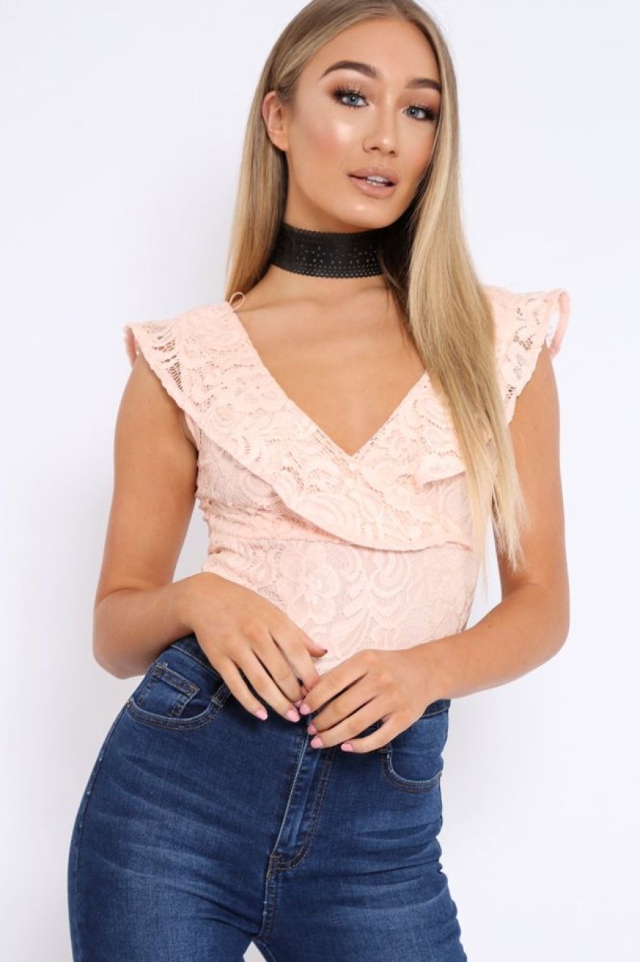 Clothing Rebellious Fashion | Nude Lace Plunge Frill Bodysuit - Maelani