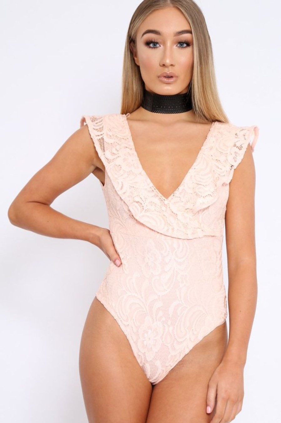 Clothing Rebellious Fashion | Nude Lace Plunge Frill Bodysuit - Maelani