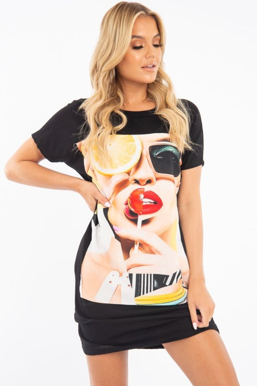 Clothing Rebellious Fashion | Black Oversized Orange Fruit Face T-Shirt Dress - Alycia