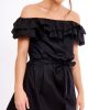 Clothing Rebellious Fashion | Black Frill Bardot Tie Waist Shirt Dress - Ally