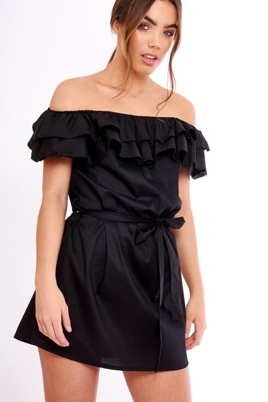 Clothing Rebellious Fashion | Black Frill Bardot Tie Waist Shirt Dress - Ally