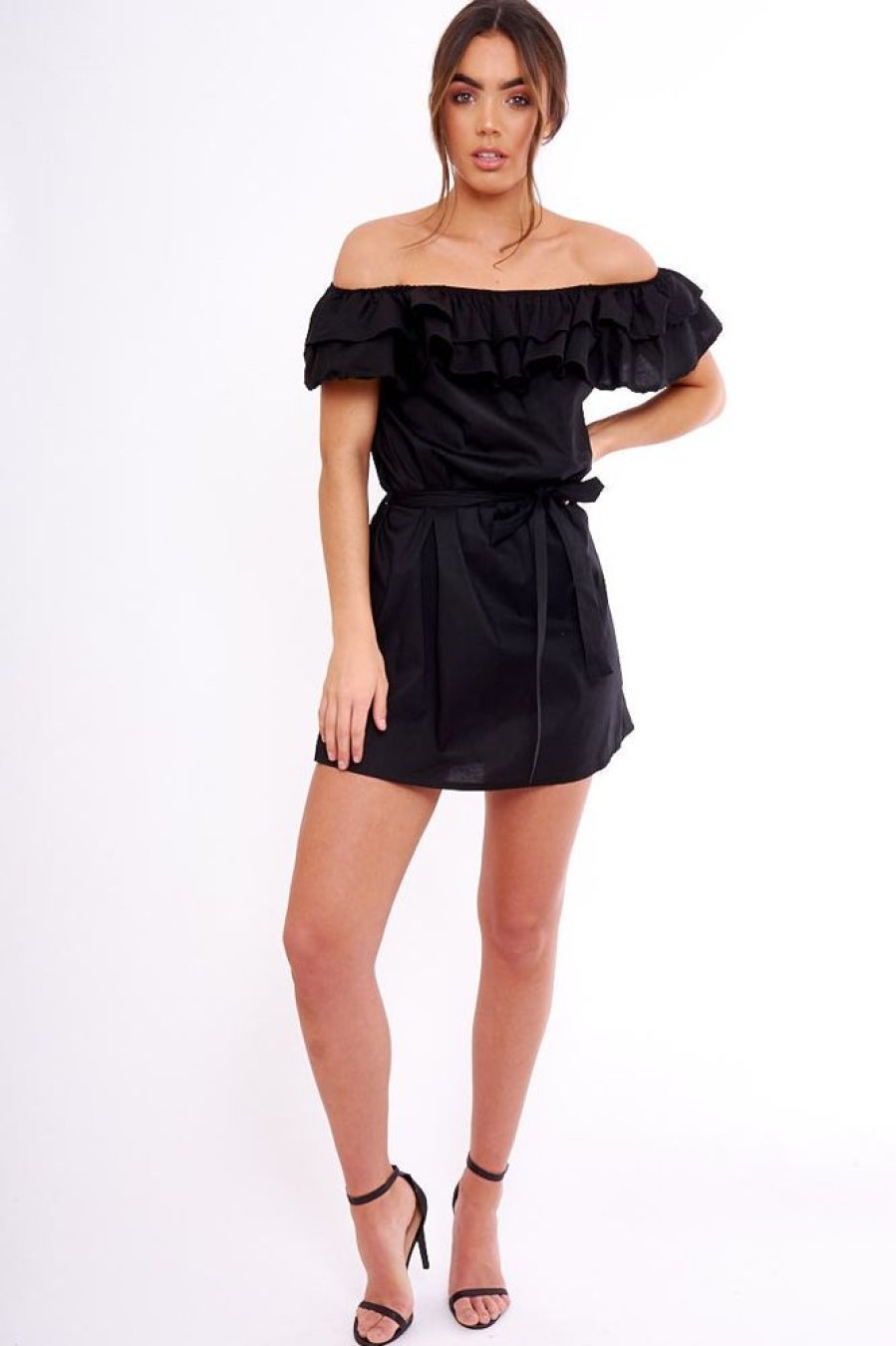 Clothing Rebellious Fashion | Black Frill Bardot Tie Waist Shirt Dress - Ally