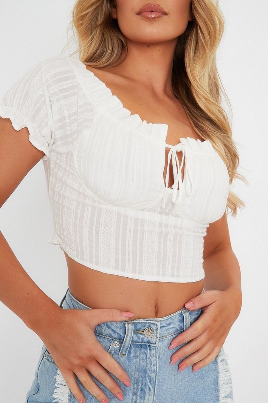 Clothing Rebellious Fashion | White Tie Front Short Sleeve Crop Top - Denni