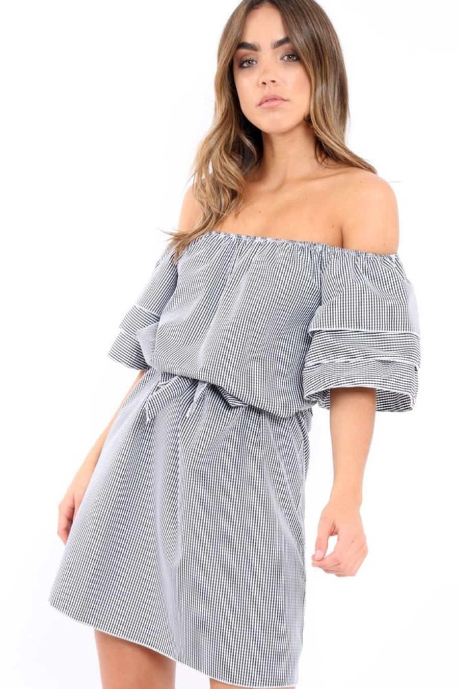 Clothing Rebellious Fashion | Gingham Bardot Dress With Ruffled Sleeves - Breena