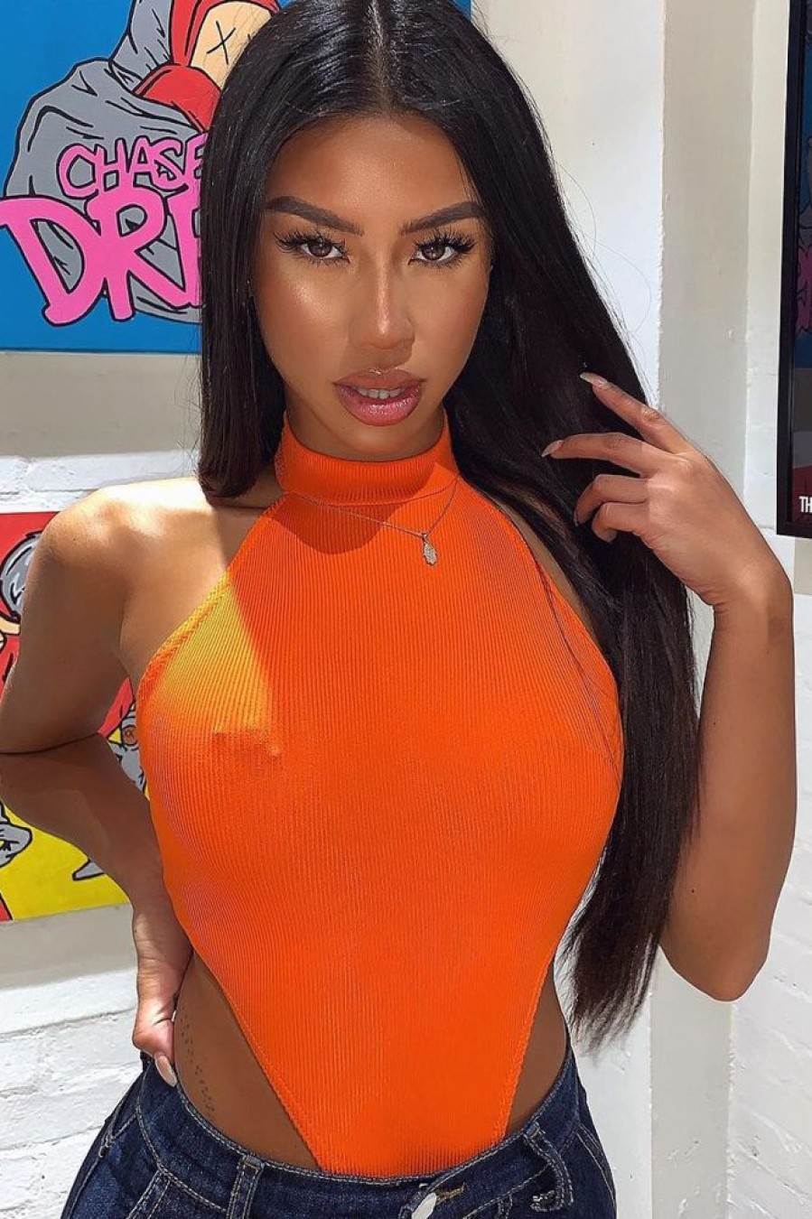 Clothing Rebellious Fashion | Orange Ribbed High Neck Sleeveless Bodysuit - Electra