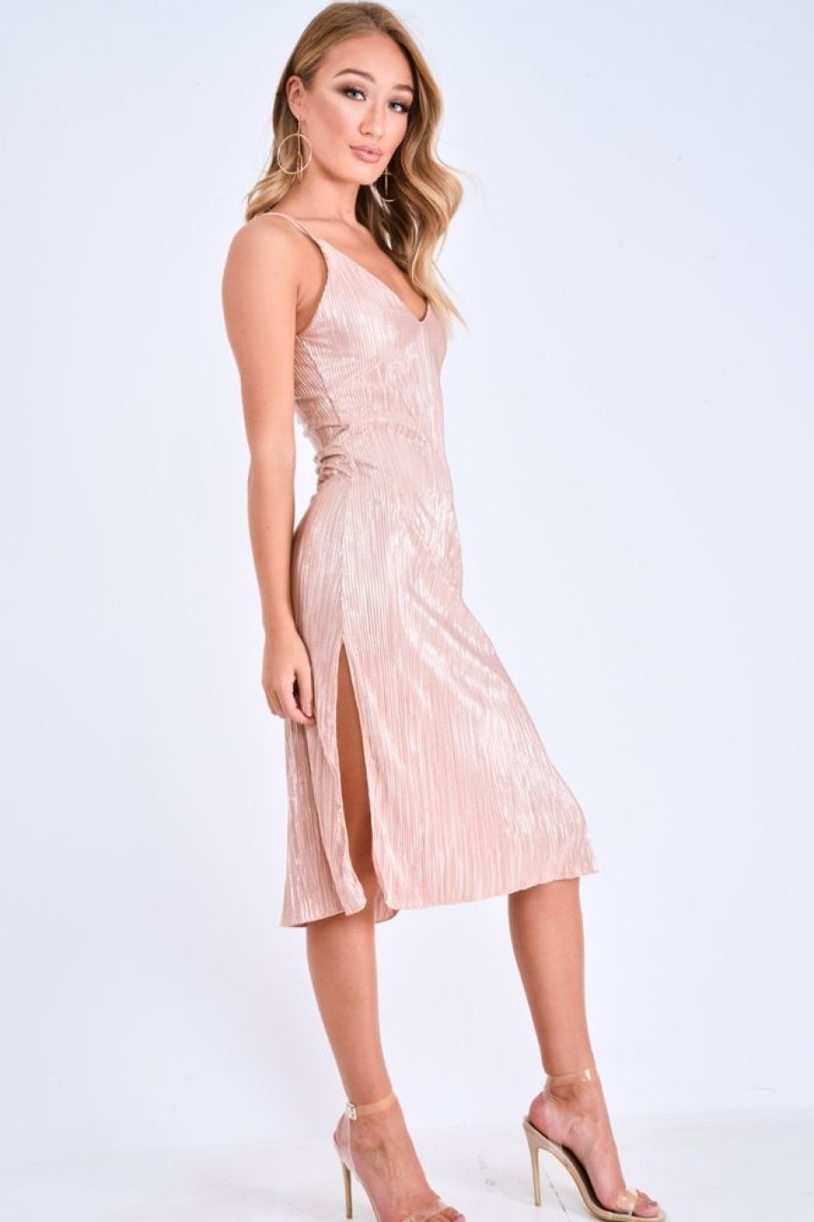 Clothing Rebellious Fashion | Nude Glitter Plunge Plisse Midi Slip Dress - Siara