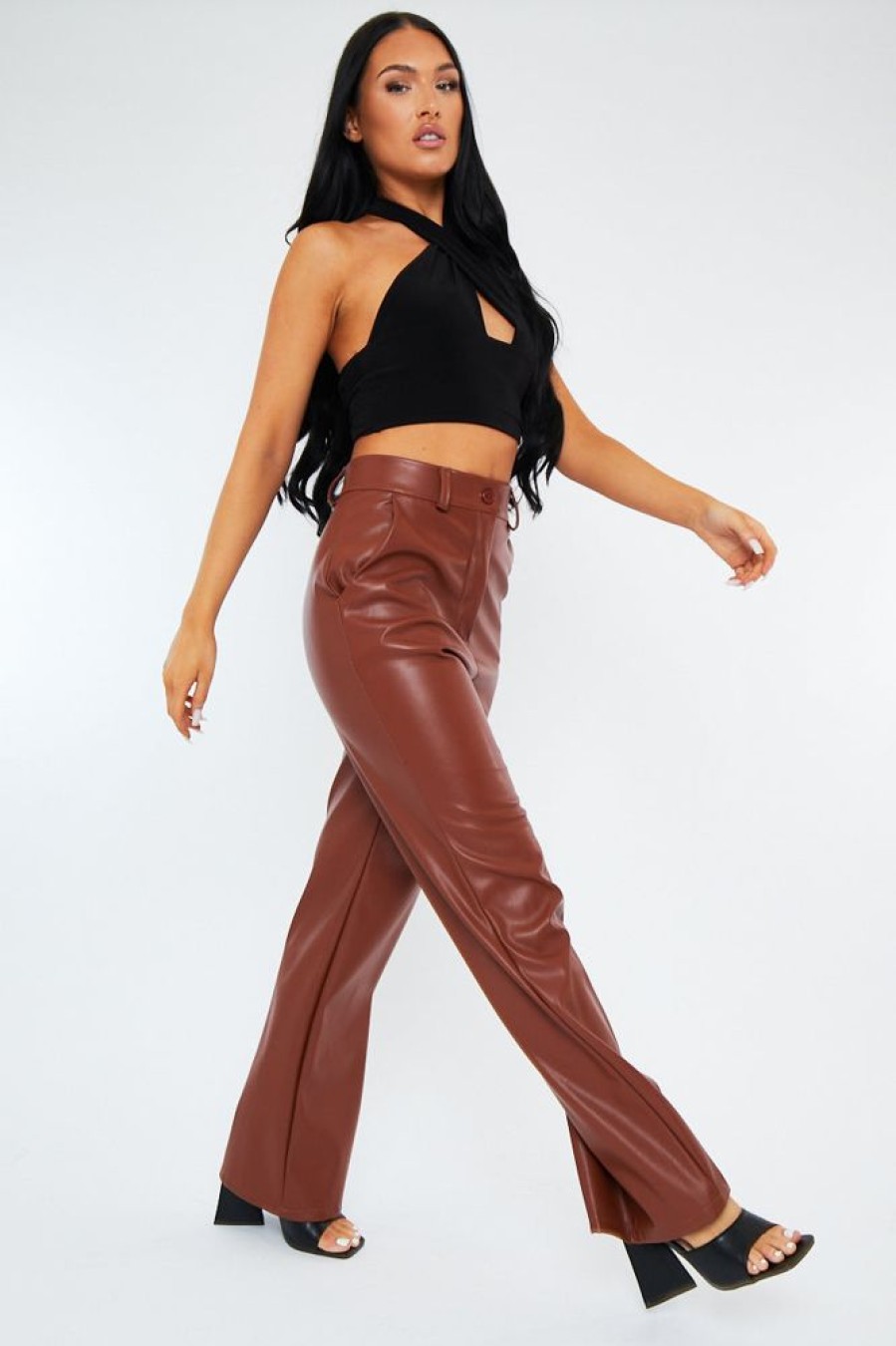 Clothing Rebellious Fashion | Camel Straight Leg Pu Leather Trousers - Moxxi