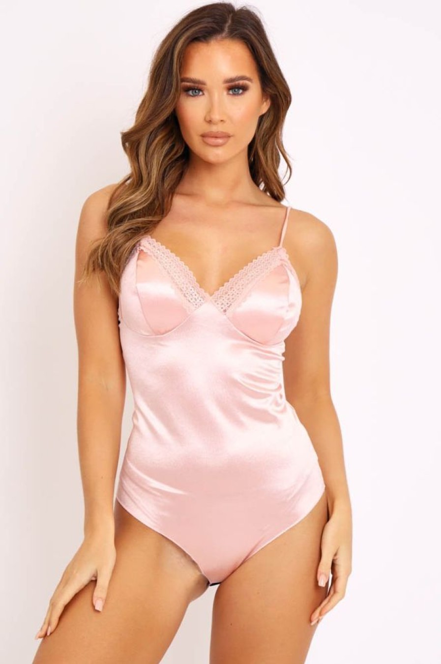 Clothing Rebellious Fashion | Pink Satin Plunge Lace Detail Bodysuit - Zoie