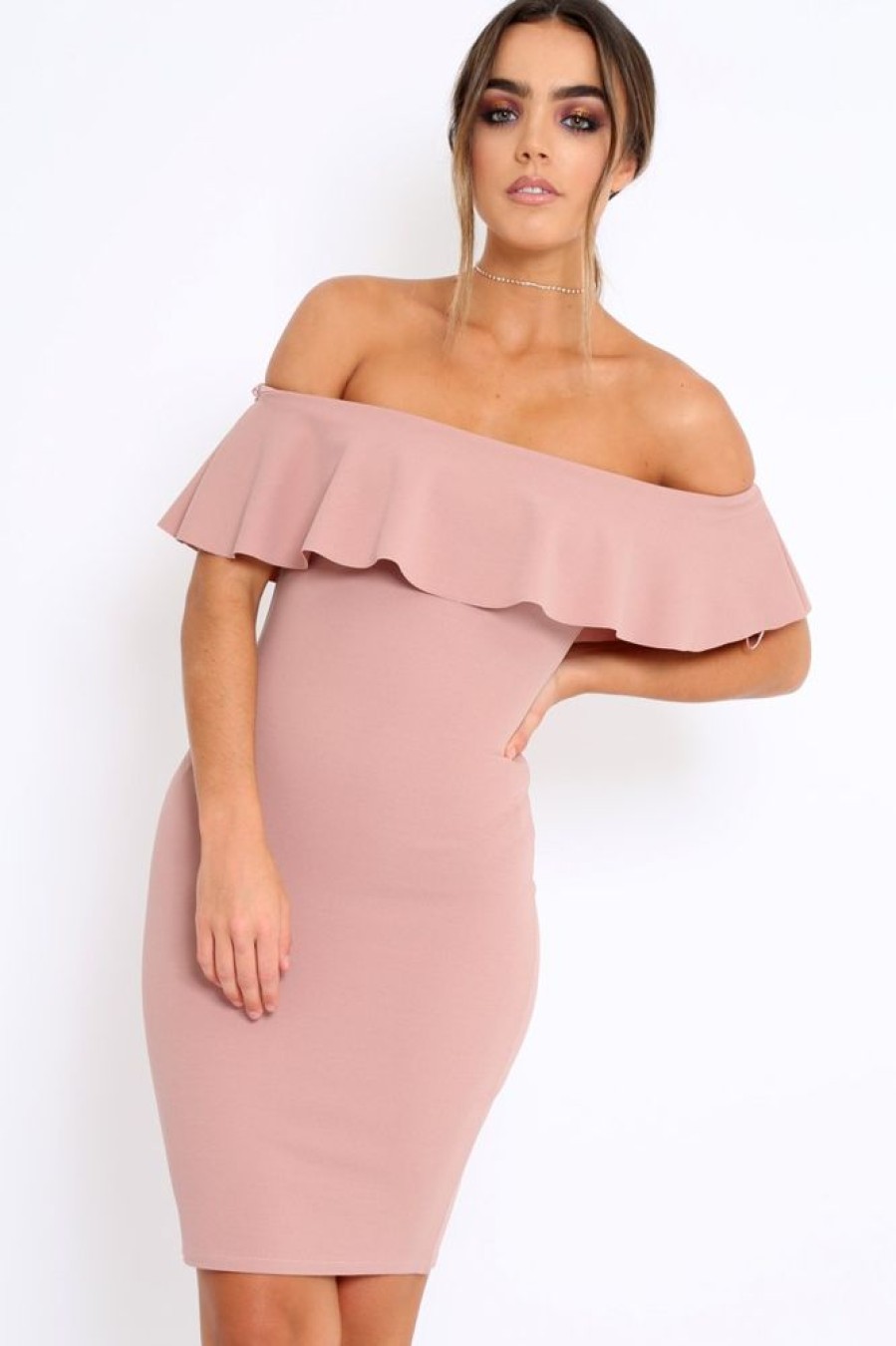 Clothing Rebellious Fashion | Rose Frill Bardot Midi Dress - Bridget