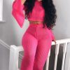 Clothing Rebellious Fashion | Neon Pink Fishnet Crop Jumper Wide Leg Trouser Co-Ord - Haddie