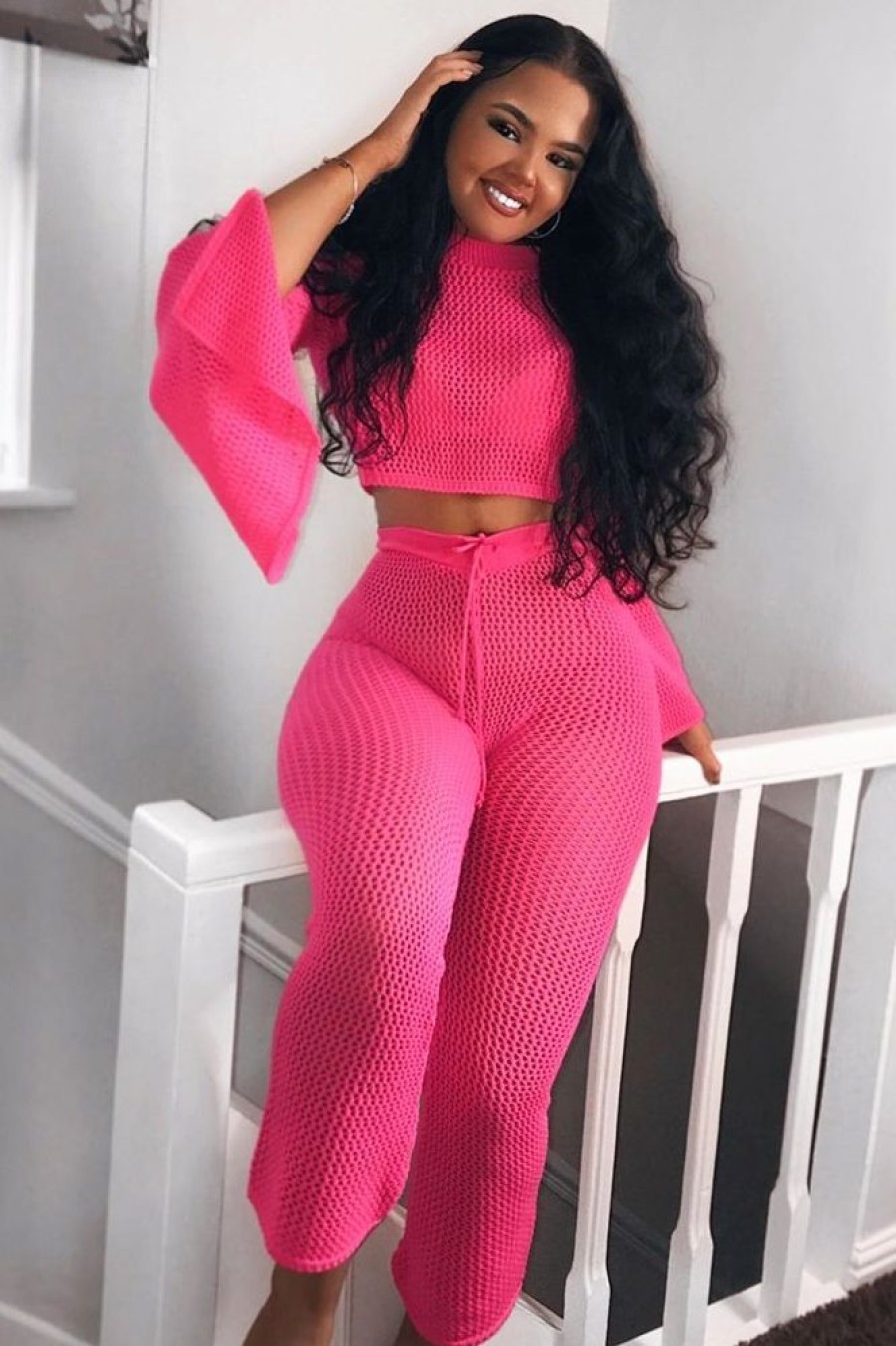 Clothing Rebellious Fashion | Neon Pink Fishnet Crop Jumper Wide Leg Trouser Co-Ord - Haddie