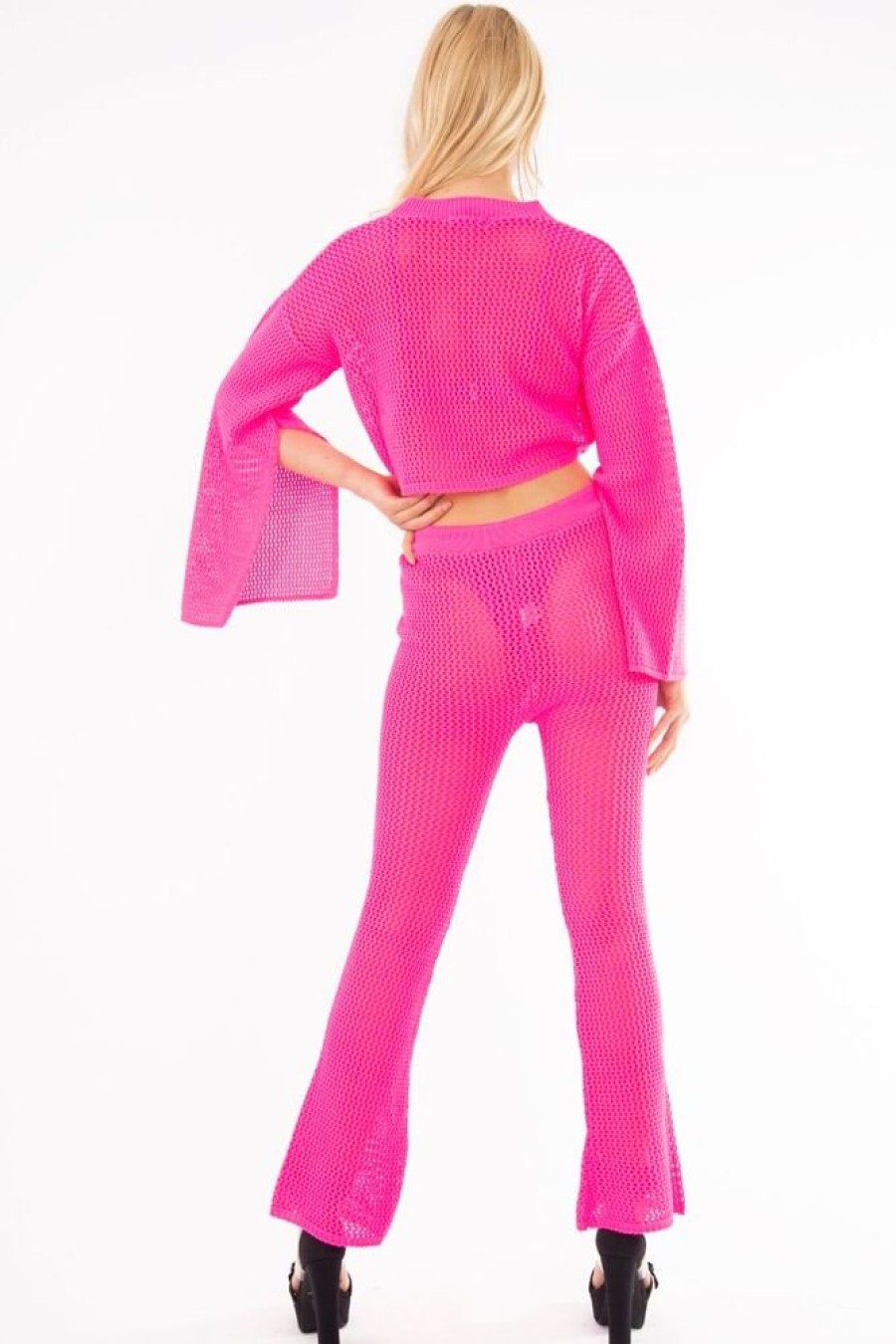 Clothing Rebellious Fashion | Neon Pink Fishnet Crop Jumper Wide Leg Trouser Co-Ord - Haddie