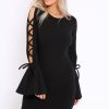 Clothing Rebellious Fashion | Black Bell Sleeved Dress With Lace Up Detail - Faith