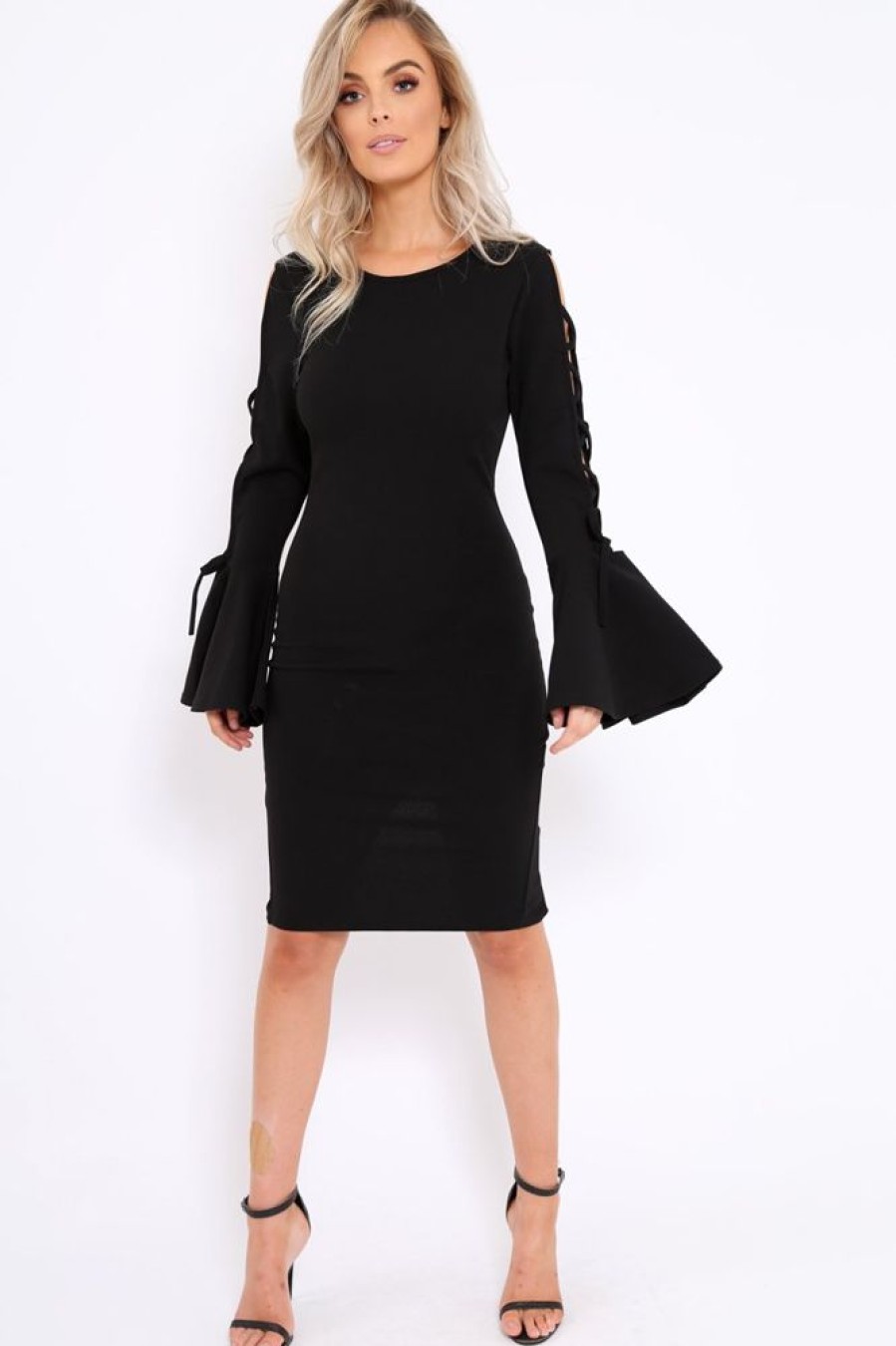 Clothing Rebellious Fashion | Black Bell Sleeved Dress With Lace Up Detail - Faith