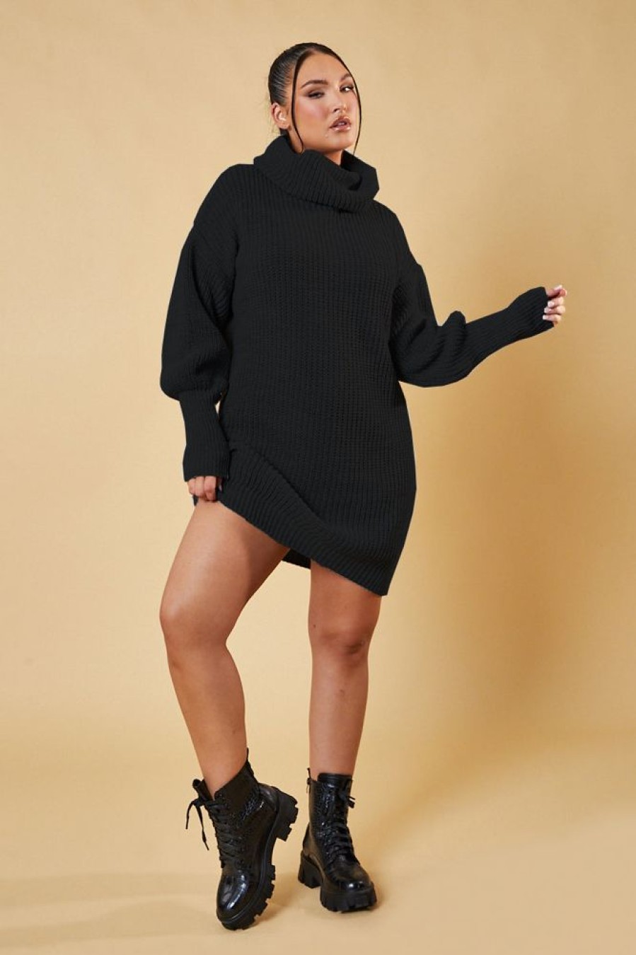 Clothing Rebellious Fashion | Black Turtle Neck Knit Jumper Dress - Brooke