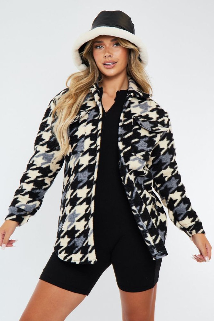 Clothing Rebellious Fashion | Black Houndstooth Pocket Front Shacket - Reem