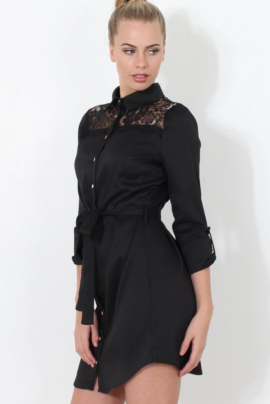 Clothing Rebellious Fashion | Black Lace Detail Shirt Dress- Elvi