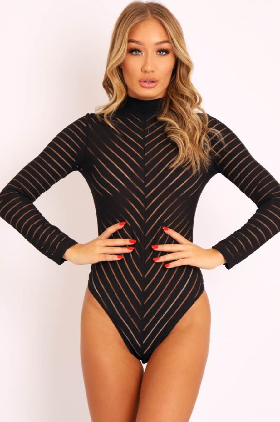 Clothing Rebellious Fashion | Black Ribbed Mesh Panel Long Sleeve Bodysuit - Amira