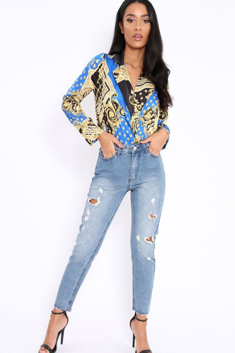 Clothing Rebellious Fashion | Blue And Gold Scarf Print Satin Plunge Bodysuit - Moniqua