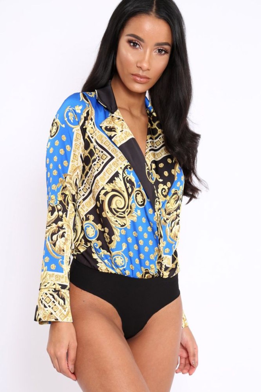 Clothing Rebellious Fashion | Blue And Gold Scarf Print Satin Plunge Bodysuit - Moniqua