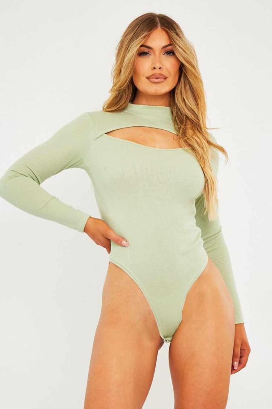 Clothing Rebellious Fashion | Sage Ribbed Cut Out Detail Bodysuit - Murphie