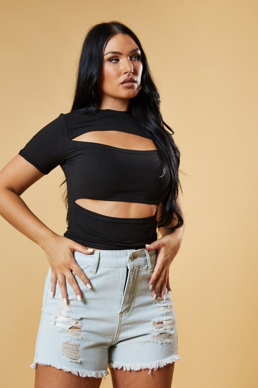 Clothing Rebellious Fashion | Black Cut Out Front Short Sleeve Top - Nayla