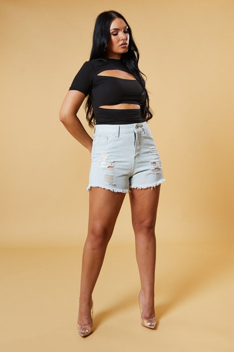 Clothing Rebellious Fashion | Black Cut Out Front Short Sleeve Top - Nayla