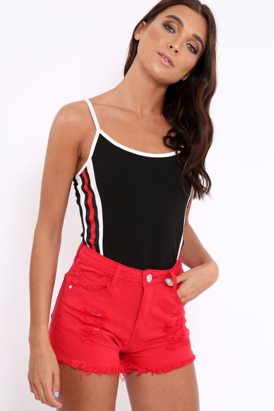 Clothing Rebellious Fashion | Black Sports Trim Side Stripe Bodysuit - Marlow