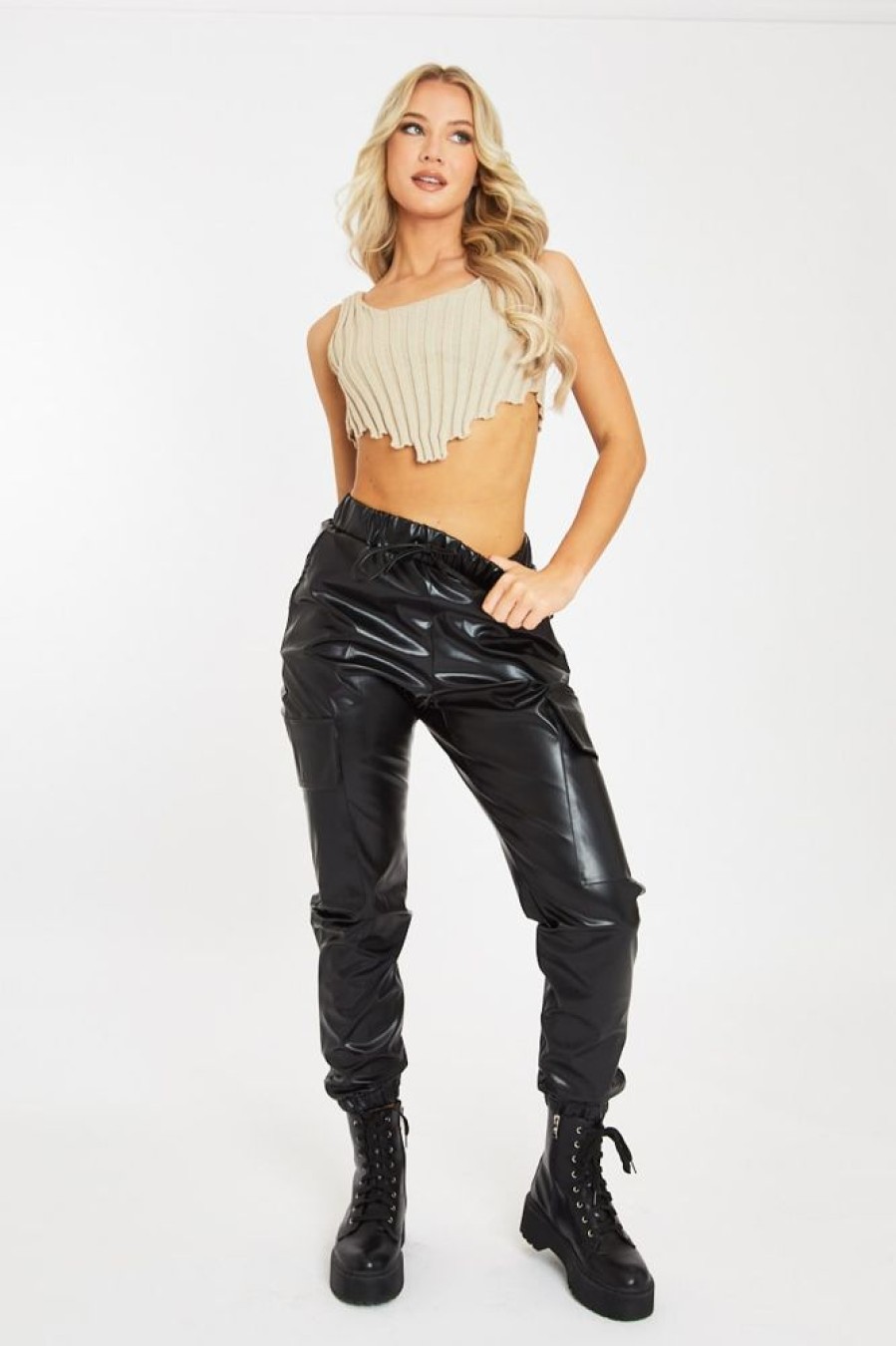 Clothing Rebellious Fashion | Black Faux Leather Cuffed Cargo Trousers - Beverly