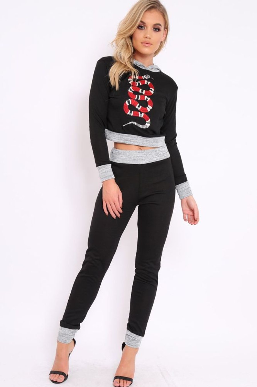 Clothing Rebellious Fashion | Black Large Snake Applique Loungewear Set - Evie