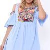 Clothing Rebellious Fashion | Blue Cold Shoulder Shift Dress With Aztec Embroidery - Elodie