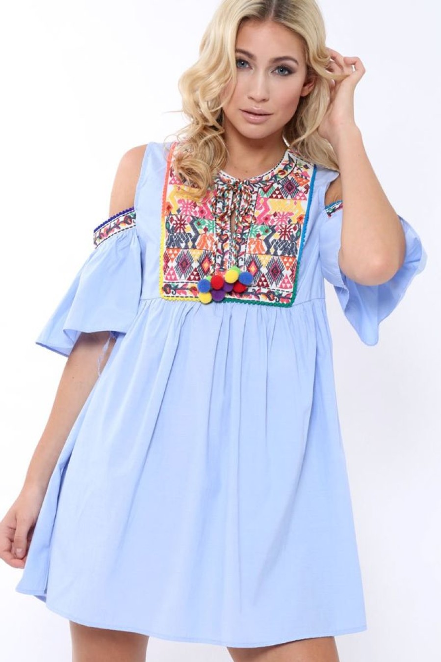 Clothing Rebellious Fashion | Blue Cold Shoulder Shift Dress With Aztec Embroidery - Elodie