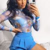 Clothing Rebellious Fashion | Blue Cherub Print Mesh High Neck Bodysuit - Krissia