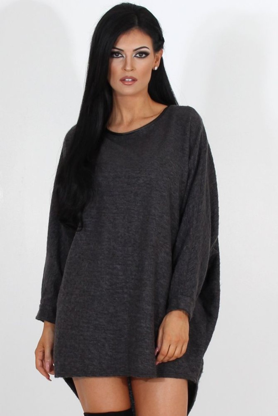 Clothing Rebellious Fashion | Leah Dark Grey Drooped Back Jumper Dress