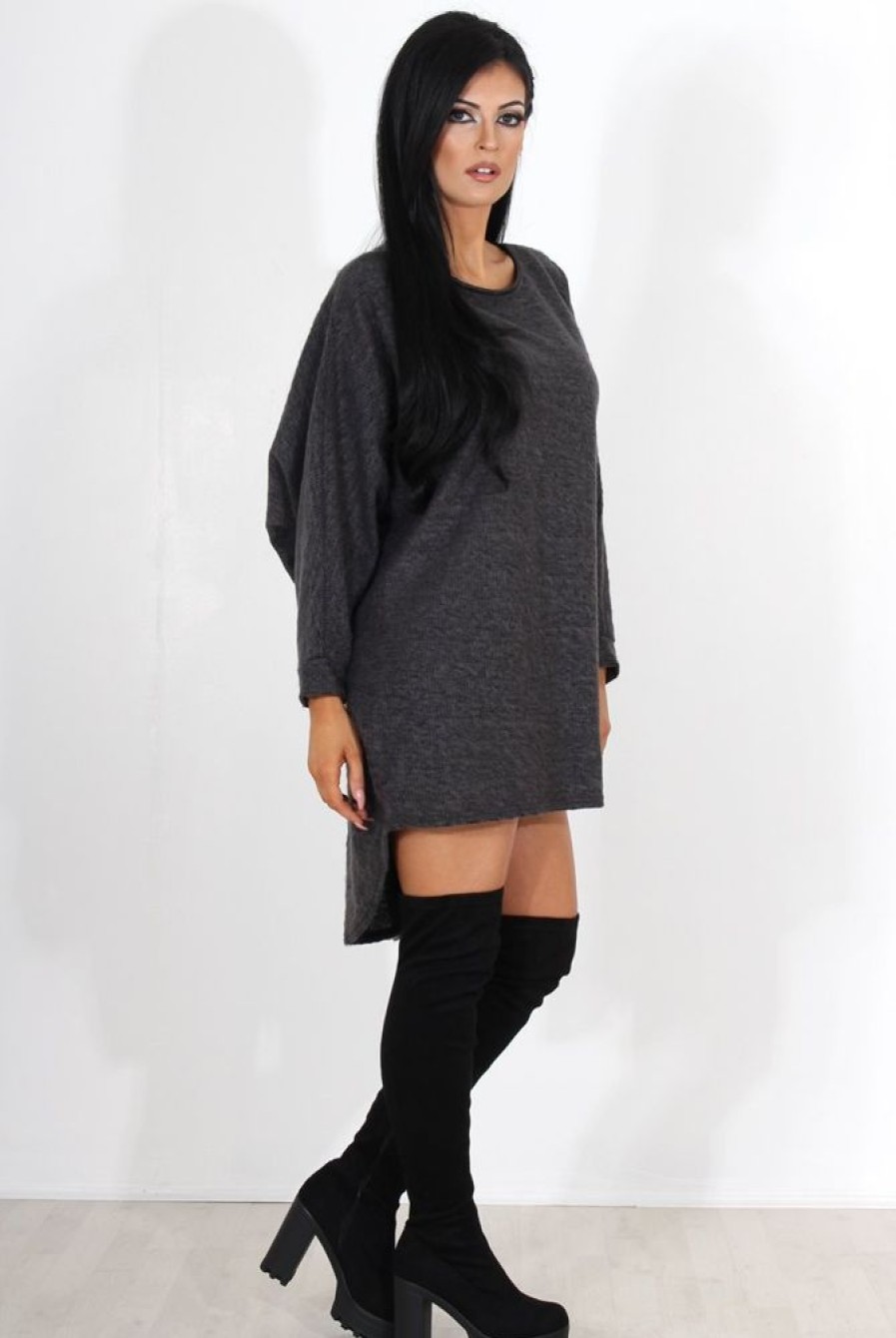 Clothing Rebellious Fashion | Leah Dark Grey Drooped Back Jumper Dress