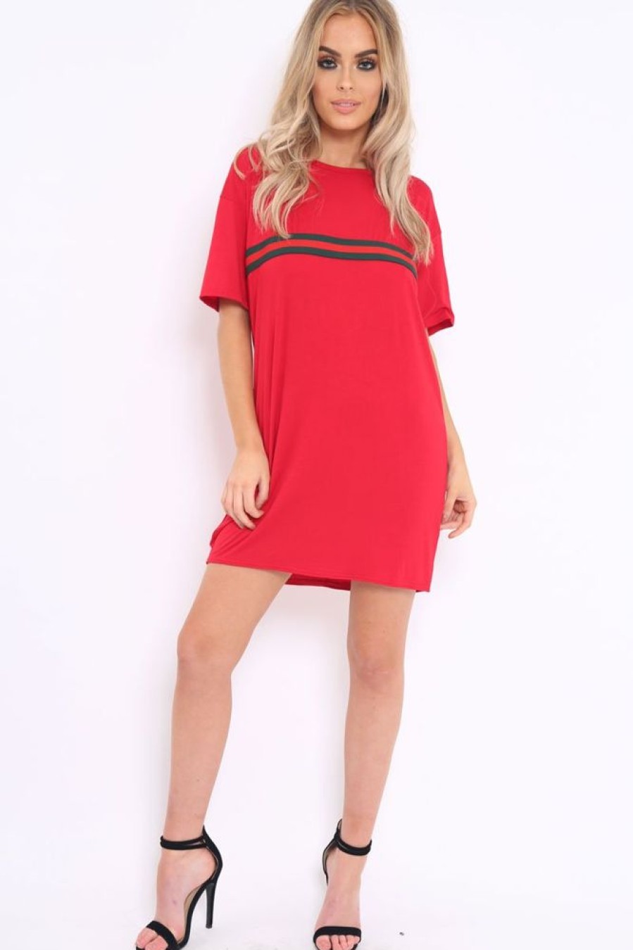 Clothing Rebellious Fashion | Red Stripe Front T Shirt Dress - Kamden