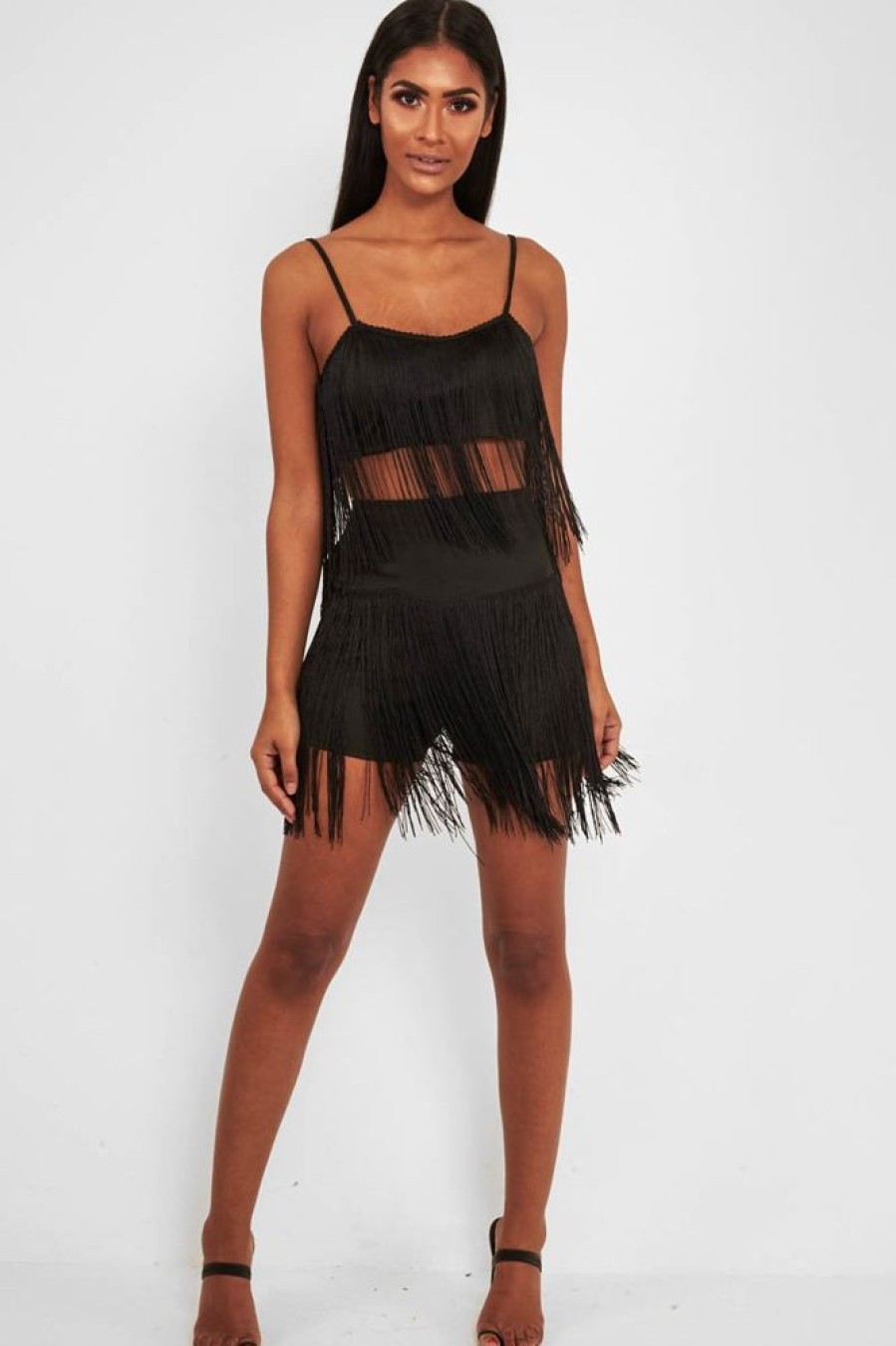 Clothing Rebellious Fashion | Black Fringe Crop Top Shorts Co-Ord - Lylith