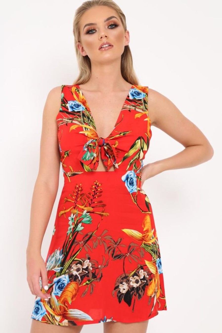 Clothing Rebellious Fashion | Red Floral Tie Front Dress - Daylen