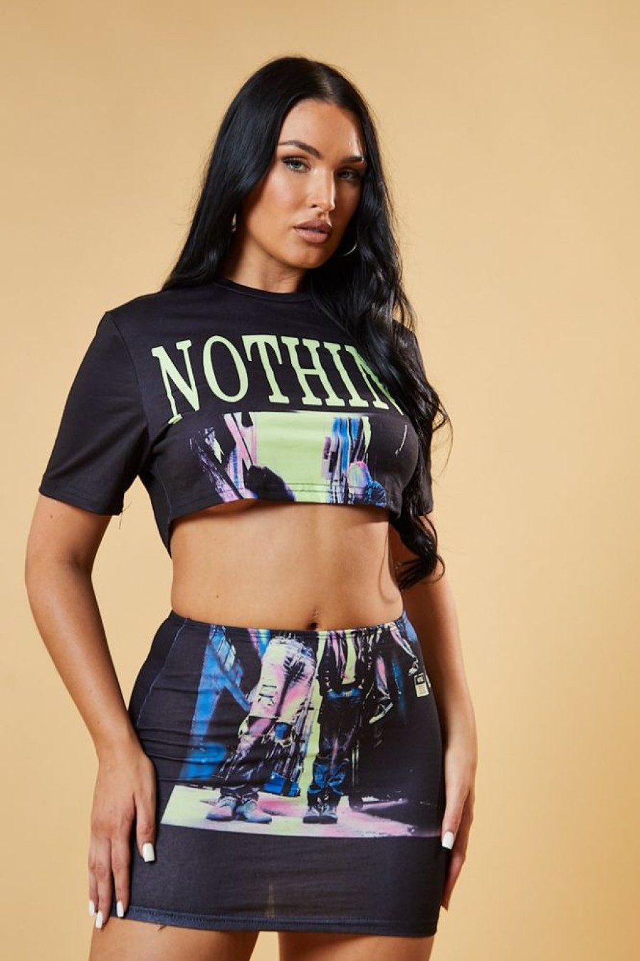 Clothing Rebellious Fashion | Black Abstract Print Cropped Top & Mini Skirt Co-Ord Set - Flora