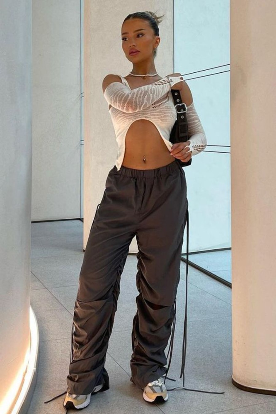 Clothing Rebellious Fashion | Grey Front Slit Ruched Cargo Trousers - Lone