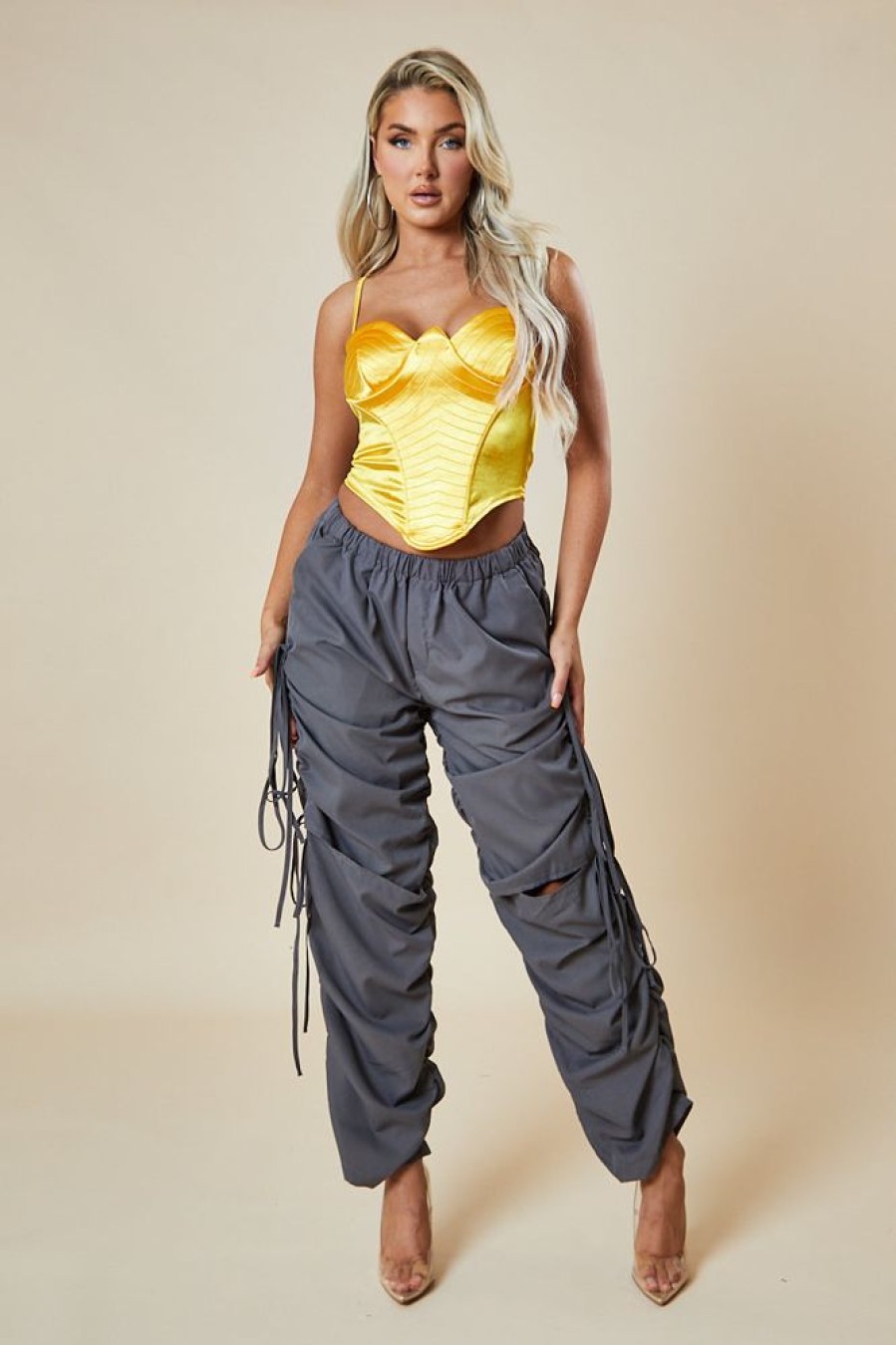 Clothing Rebellious Fashion | Grey Front Slit Ruched Cargo Trousers - Lone