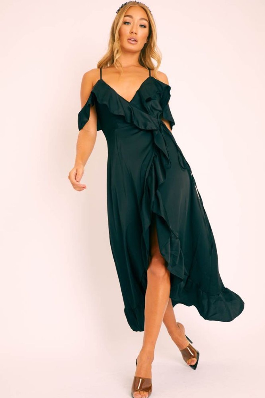 Clothing Rebellious Fashion | Black Satin Ruffle Wrap Midi Dress - Eiza