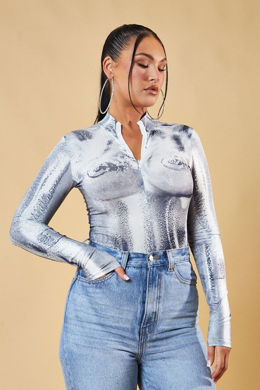 Clothing Rebellious Fashion | Grey Body Print Long Sleeve Bodysuit - Willow