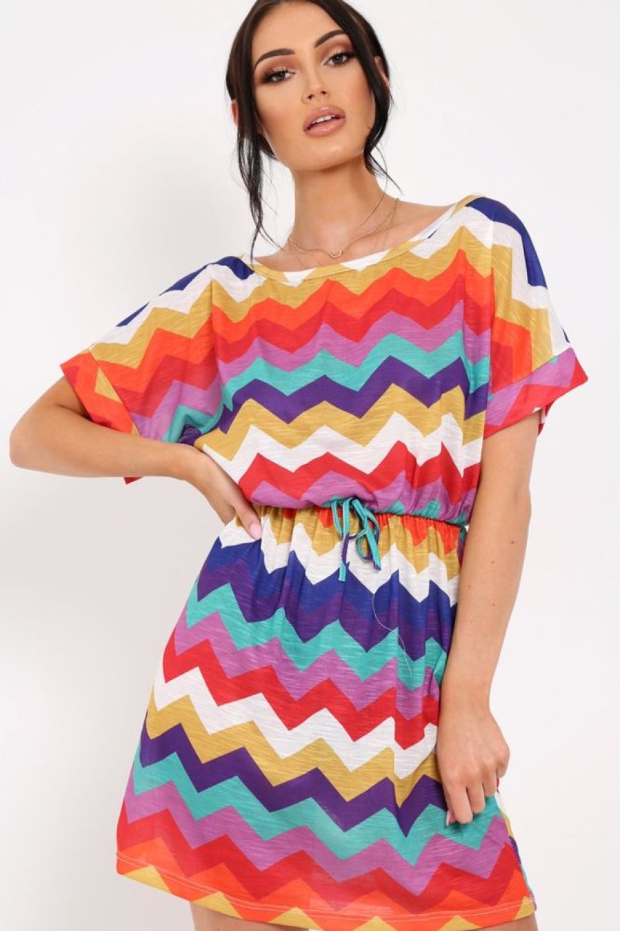 Clothing Rebellious Fashion | Multi Coloured Zig Zag Tie Waist T Shirt Dress - Maegan