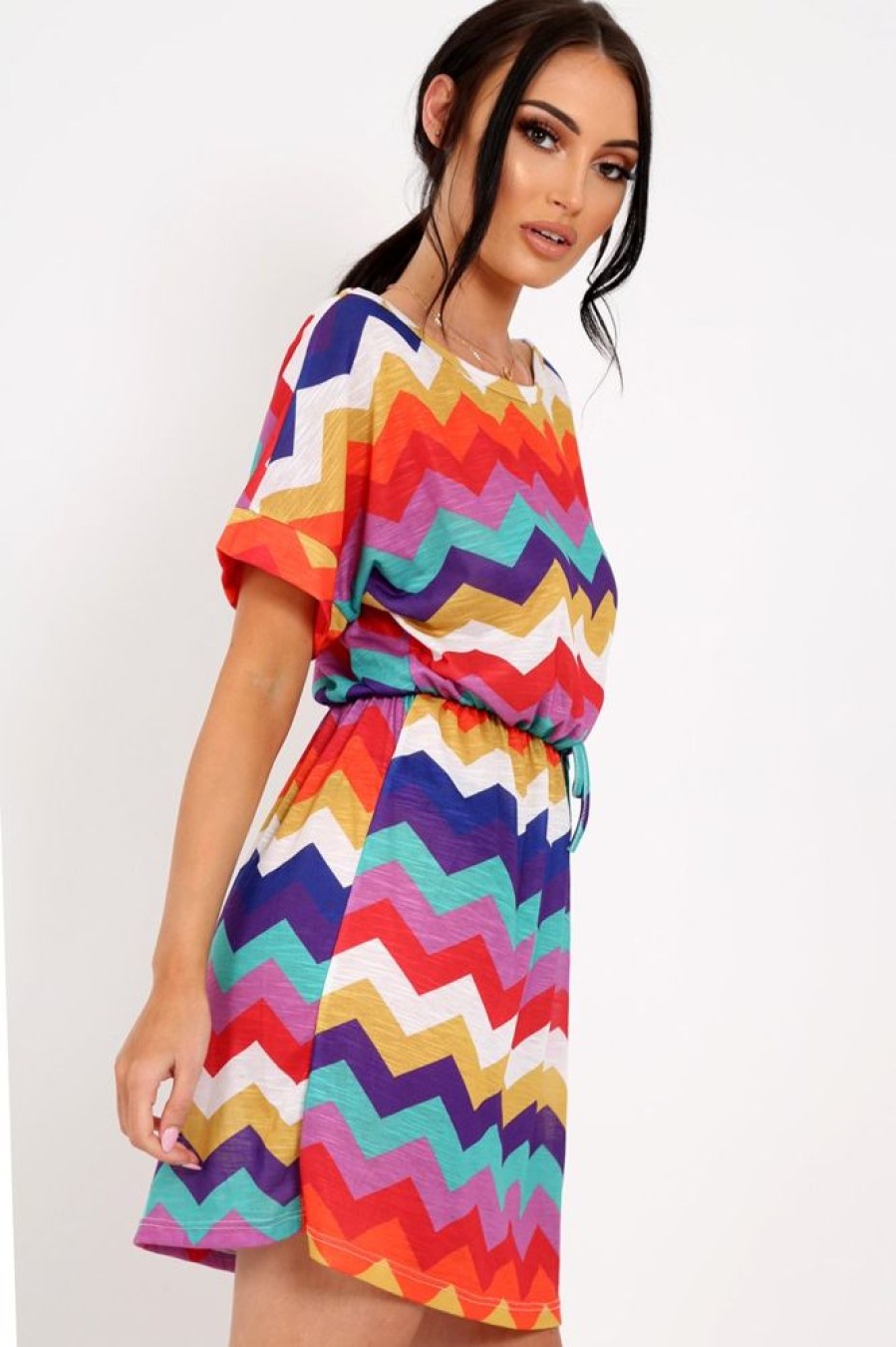 Clothing Rebellious Fashion | Multi Coloured Zig Zag Tie Waist T Shirt Dress - Maegan