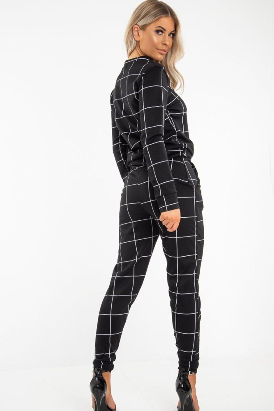 Clothing Rebellious Fashion | Black Check Sweatshirt Joggers Loungewear Set - Mica