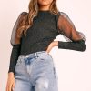 Clothing Rebellious Fashion | Black Metallic Puff Sleeve High Neck Top - Blaike