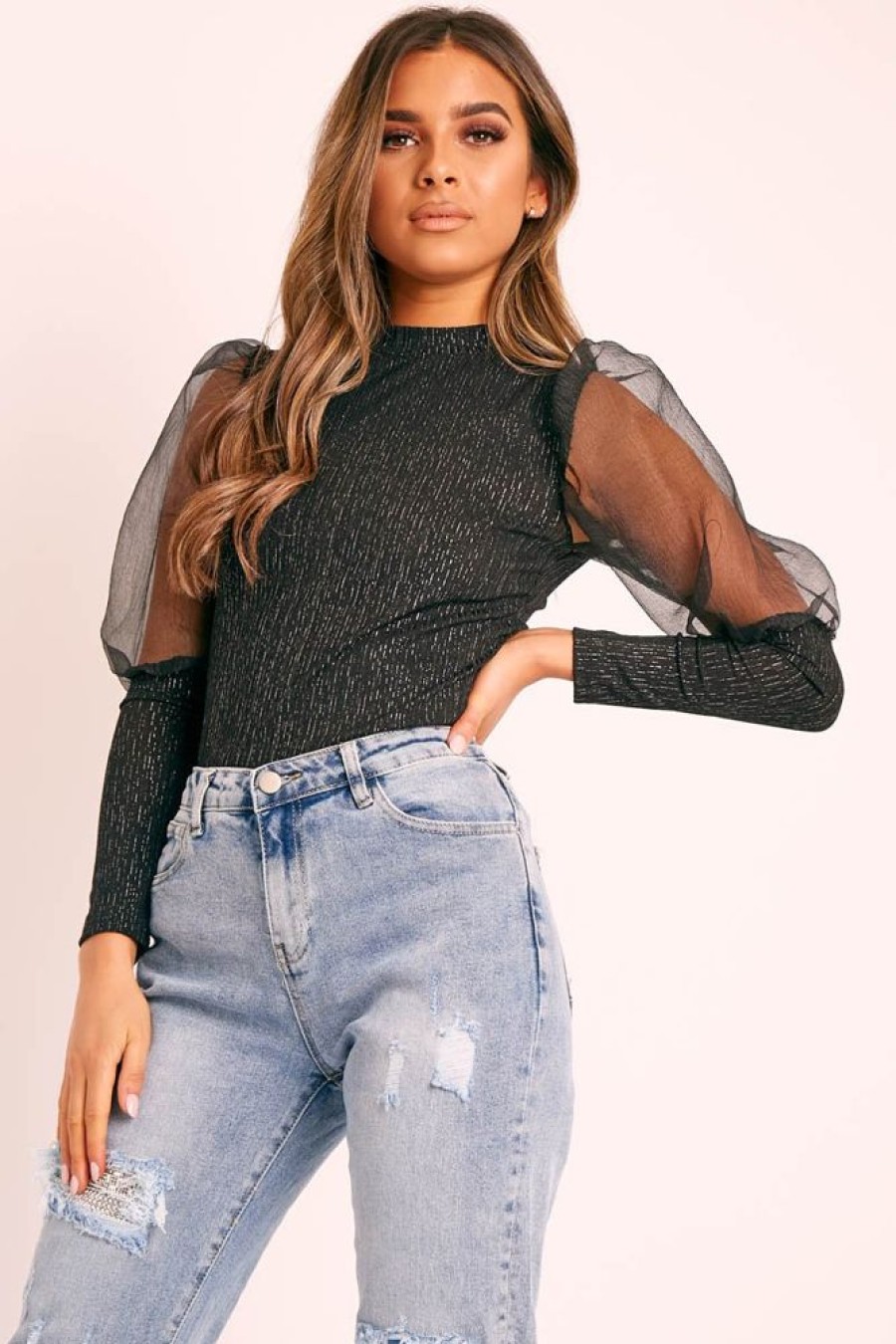 Clothing Rebellious Fashion | Black Metallic Puff Sleeve High Neck Top - Blaike