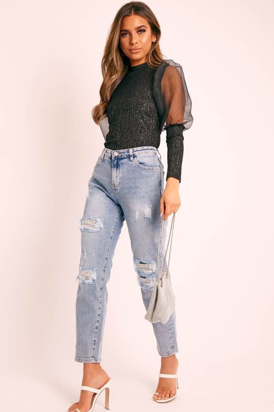 Clothing Rebellious Fashion | Black Metallic Puff Sleeve High Neck Top - Blaike